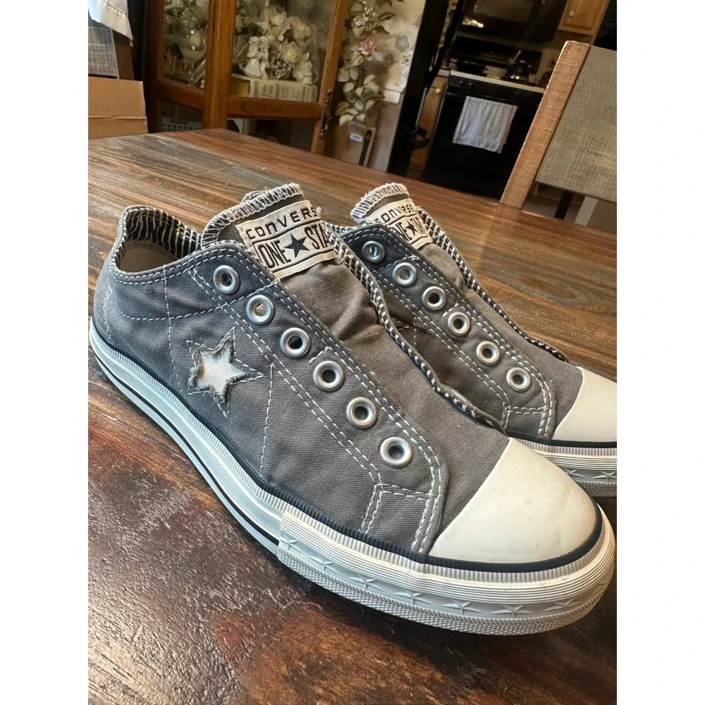 Converse One Star Grey Canvas Slip On Sneakers Women 8.5 Distressed Elastic